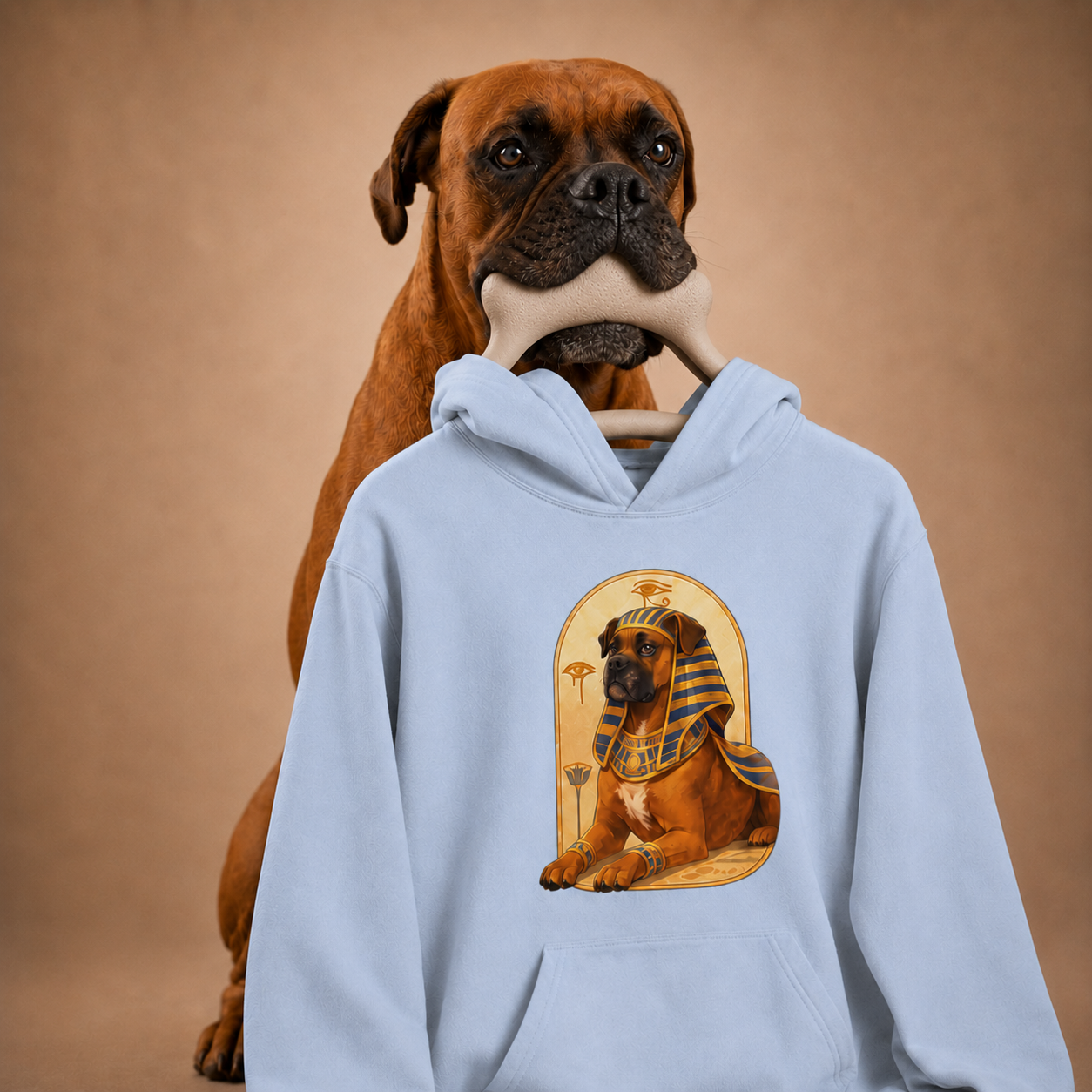 Pharaoh style AI dog portrait on a pullover featuring Bruno