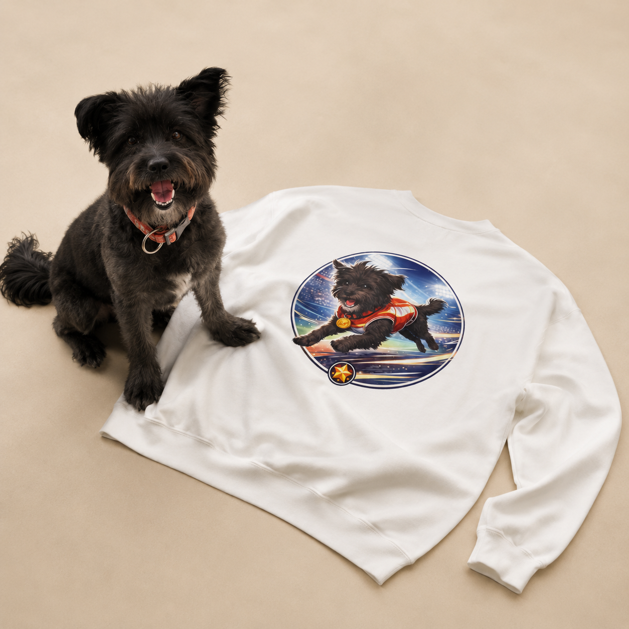 Athlete style AI dog portrait on a crewneck sweatshirt featuring Boten