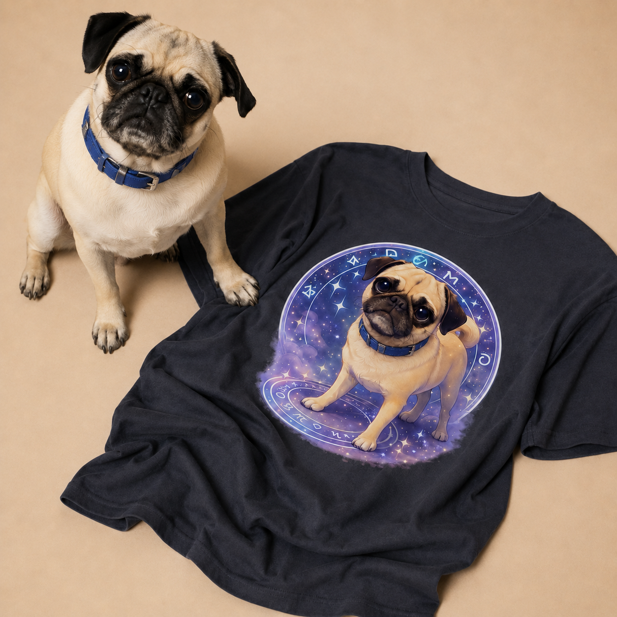 Magical style AI dog portrait on a t-shirt featuring Rou