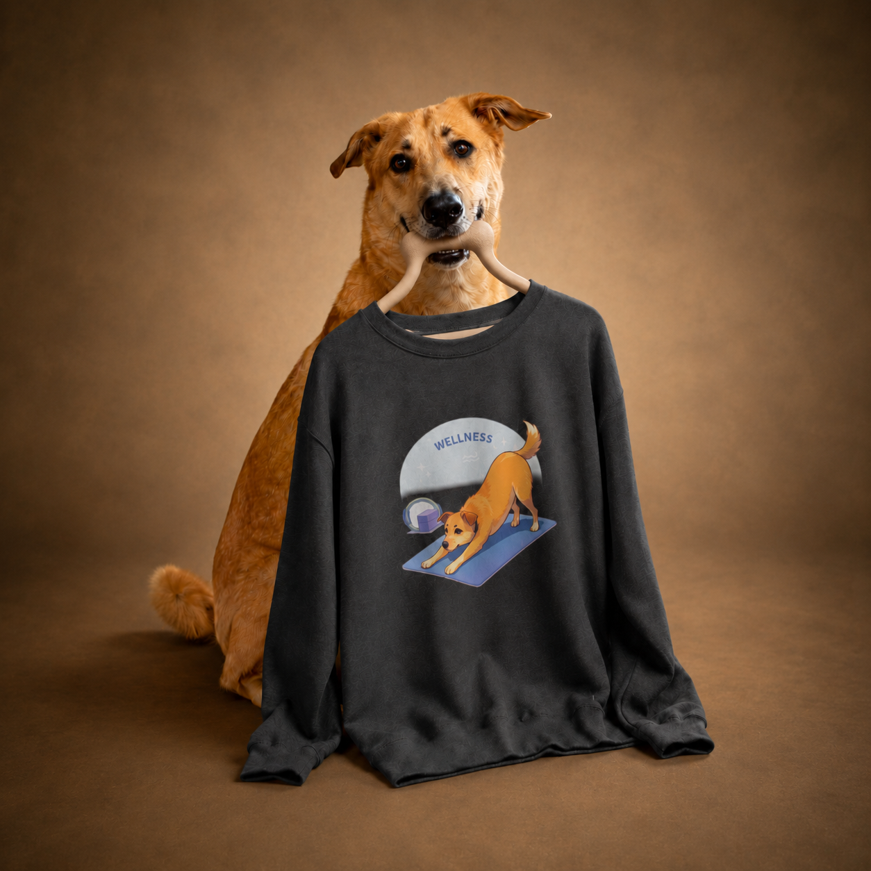 Pilates style AI dog portrait on a crewneck sweatshirt featuring Chase